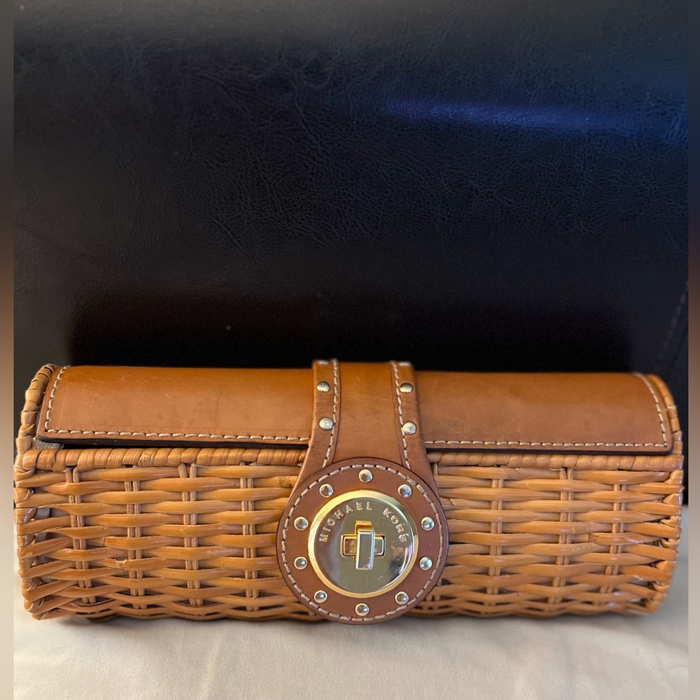 Michael Kors Tan Wicker Clutch with Brown Leather